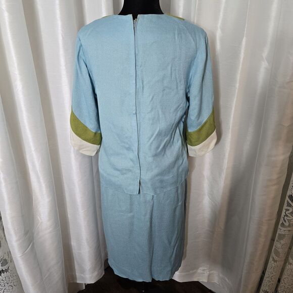 True Vintage 60s Skirt Suit Julie Miller Blouse Skirt Set 15/16 Womens Blue Gree - Picture 4 of 16
